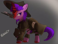 Size: 3338x2504 | Tagged: safe, artist:twiwhite, imported from derpibooru, oc, oc only, oc:molly jasmine, kirin, dead by daylight, gray background, gun, hat, simple background, solo, weapon