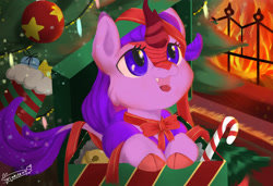 Size: 3712x2539 | Tagged: safe, artist:twiwhite, imported from derpibooru, oc, oc only, oc:molly jasmine, kirin, candy, candy cane, christmas, christmas tree, fire, fireplace, food, holiday, present, solo, tree