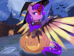 Size: 2110x1582 | Tagged: safe, artist:twiwhite, imported from derpibooru, oc, oc only, oc:molly jasmine, bat, kirin, halloween, hat, holiday, jack-o-lantern, mercy, nightmare night, overwatch, pumpkin, solo, witch hat