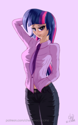 Size: 1200x1920 | Tagged: safe, artist:cherrymocaccino, artist:zuko42, imported from derpibooru, twilight sparkle, human, art pack:music album 'e.g.8 themes', equestria girls, arm behind back, arm behind head, clothes, jeans, looking at you, necktie, pants, shirt, solo