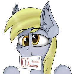 Size: 5000x5000 | Tagged: safe, artist:mix333, derpibooru exclusive, imported from derpibooru, derpy hooves, pegasus, pony, cute, derp, derpabetes, ear fluff, female, happy birthday mlp:fim, invitation, letter, mare, mlp fim's tenth anniversary, postage stamp, simple background, smiling, solo, text, transparent background