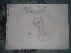 Size: 4608x3456 | Tagged: safe, artist:bl4ckgh0st, imported from derpibooru, rainbow dash, pony, birthday cake, cake, female, food, happy birthday mlp:fim, looking at you, mare, mlp fim's tenth anniversary, monochrome, solo, traditional art