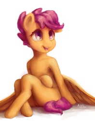 Size: 997x1266 | Tagged: safe, artist:mrstrats, imported from derpibooru, scootaloo, pegasus, semi-anthro, crossed legs, featureless crotch, looking up, simple background, sitting, smiling, solo, white background