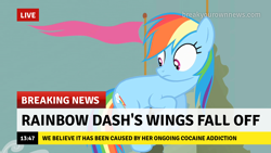 Size: 1280x720 | Tagged: safe, edit, edited screencap, imported from derpibooru, screencap, rainbow dash, earth pony, pony, the return of harmony, break your own news, breaking news, cocaine, drugs, earth pony rainbow dash, wingless