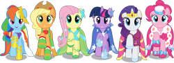 Size: 6678x2444 | Tagged: safe, artist:frownfactory, imported from derpibooru, applejack, fluttershy, pinkie pie, rainbow dash, rarity, twilight sparkle, earth pony, pegasus, unicorn, the best night ever, .svg available, cape, clothes, dress, female, gala dress, gala mane, hat, horn, jewelry, mane six, mare, regalia, simple background, tiara, transparent background, unicorn twilight, vector