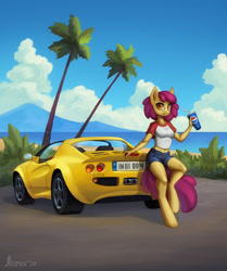 Size: 1089x1300 | Tagged: safe, artist:asimos, imported from derpibooru, apple bloom, anthro, earth pony, pony, unguligrade anthro, '90s, beach, car, clothes, cloud, cottagecore, denim shorts, drink, female, leaning back, license plate, lotus elise, midriff, mountain, ocean, older, orange eyes, outdoors, palm tree, pepsi, product placement, sand, shirt, shorts, soda, solo, t-shirt, tomboy, tree, vehicle, water, watermark, yellow fur