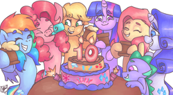 Size: 2550x1400 | Tagged: safe, artist:mannybcadavera, imported from derpibooru, applejack, fluttershy, pinkie pie, rainbow dash, rarity, spike, twilight sparkle, alicorn, earth pony, pegasus, pony, unicorn, cake, celebration, digital art, food, happy birthday mlp:fim, mane seven, mane six, mlp fim's tenth anniversary, simple background, twilight sparkle (alicorn), white background