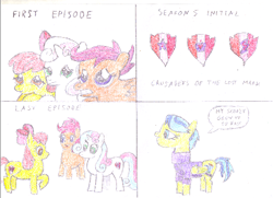 Size: 500x361 | Tagged: safe, artist:ewxep, imported from derpibooru, apple bloom, auntie lofty, scootaloo, sweetie belle, earth pony, pegasus, pony, unicorn, crusaders of the lost mark, friendship is magic, the last crusade, the last problem, colored pencil drawing, cutie mark, cutie mark crusaders, mlp fim's tenth anniversary, redraw, simple background, solo, the cmc's cutie marks, traditional art, trio, white background