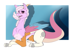 Size: 1700x1122 | Tagged: safe, artist:conmanwolf, imported from derpibooru, oc, oc only, oc:stitches, draconequus, female, lying down, older, prone, solo