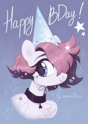 Size: 1038x1468 | Tagged: safe, artist:sonnatora, imported from derpibooru, oc, oc only, oc:gem stone, pegasus, pony, birthday, happy birthday, hat, party hat, solo