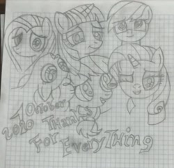 Size: 1280x1239 | Tagged: safe, imported from derpibooru, applejack, fluttershy, pinkie pie, rainbow dash, rarity, twilight sparkle, drawing, female, graph paper, happy birthday mlp:fim, lined paper, mane six, mlp fim's tenth anniversary, solo, solo female, traditional art