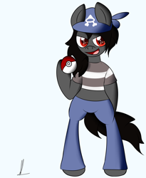 Size: 1901x2323 | Tagged: safe, artist:almaustral, imported from derpibooru, earth pony, pony, semi-anthro, bandana, crossover, poké ball, pokéball, pokémon, ponified, signature, simple background, solo, team aqua, white background