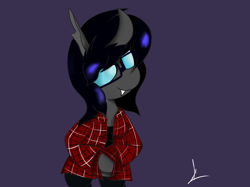 Size: 2556x1913 | Tagged: safe, artist:almaustral, imported from derpibooru, oc, oc only, changeling, semi-anthro, changeling oc, clothes, glasses, purple background, signature, simple background, smiling, solo
