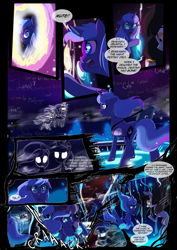 Size: 1240x1754 | Tagged: safe, artist:lunarcakez, imported from derpibooru, princess celestia, princess luna, oc, oc:mazzy, pony, comic:the origins of hollow shades, cloak, clothes, comic, s1 luna