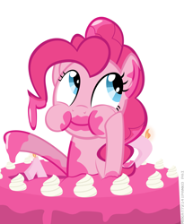 Size: 2657x3248 | Tagged: safe, artist:mrkat7214, imported from derpibooru, pinkie pie, earth pony, pony, cake, candle, cute, diapinkes, eating, female, food, frosting, happy birthday mlp:fim, high res, mare, messy eating, mlp fim's tenth anniversary, pink, puffy cheeks, simple background, solo, vector, white background