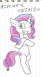 Size: 694x1263 | Tagged: safe, artist:cmara, imported from derpibooru, potion nova, pony, unicorn, bipedal, crossed arms, cute, female, grin, mare, novabetes, one eye closed, simple background, smiling, solo, traditional art, white background, wink