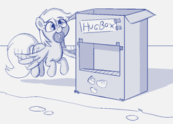 Size: 906x654 | Tagged: safe, artist:heretichesh, imported from derpibooru, derpy hooves, pegasus, pony, box, crude drawing, cute, derpabetes, drawthread, female, flying, happy, hugbox, mare, monochrome, sign, sketch, solo, tape, text, wings