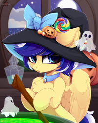 Size: 4000x5000 | Tagged: safe, artist:xsatanielx, imported from derpibooru, oc, oc only, pegasus, pony, absurd resolution, cauldron, chest fluff, commission, ear fluff, female, halloween, hat, holiday, jack-o-lantern, mare, moon, night, pumpkin, rcf community, solo, stars, wings, witch hat, ych result