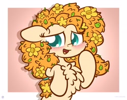 Size: 3250x2560 | Tagged: safe, artist:kimjoman, imported from derpibooru, pear butter, earth pony, pony, bipedal, blushing, chest fluff, cute, female, flower, flower in hair, mare, messy mane, open mouth, pearabetes, raised hoof, solo