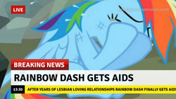 Size: 1280x720 | Tagged: safe, edit, edited screencap, imported from derpibooru, screencap, pegasus, pony, may the best pet win, aids, break your own news, breaking news, crying, hiv, homophobia in the description, implied lesbian, implied shipping, op is a duck, sad, sexually transmitted disease, std