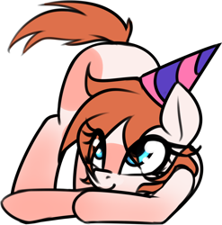 Size: 1382x1401 | Tagged: safe, artist:jetwave, oc, oc only, oc:chip breeze, pegasus, pony, cute, eye clipping through hair, face down ass up, female, filly, hat, looking up, mare, party hat, playful, simple background, smiling, solo, white background