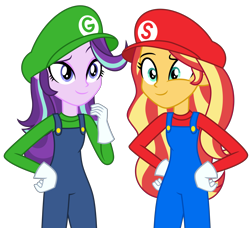 Size: 6800x6200 | Tagged: safe, artist:emeraldblast63, imported from derpibooru, starlight glimmer, sunset shimmer, equestria girls, cap, clothes, clothes swap, cosplay, costume, crossover, gloves, green hat, halloween, hat, holiday, long sleeved shirt, long sleeves, luigi, luigi's hat, mario, mario's hat, overalls, red hat, shirt, simple background, super mario bros., transparent background, undershirt