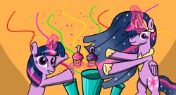 Size: 1210x660 | Tagged: safe, artist:twi clown, imported from derpibooru, twilight sparkle, alicorn, pony, unicorn, the last problem, 10, bipedal, cupcake, duo, female, food, happy birthday mlp:fim, magic, mare, mlp fim's tenth anniversary, princess twilight 2.0, twilight sparkle (alicorn), unicorn twilight