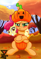 Size: 2100x2975 | Tagged: safe, artist:theretroart88, imported from derpibooru, apple bloom, applejack, earth pony, adorabloom, apple sisters, applejack is not amused, blushing, clothes, costume, cute, duo, female, halloween, halloween costume, holiday, jackabetes, leaves, pumpkin, pumpkinjack, siblings, sisters, tree, tsundere, tsunjack, unamused