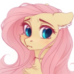 Size: 1000x1000 | Tagged: safe, artist:vird-gi, imported from derpibooru, fluttershy, pony, bust, cheek fluff, chest fluff, choker, cute, ear fluff, female, floppy ears, mare, portrait, shyabetes, simple background, solo, teary eyes, white background