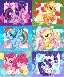 Size: 800x960 | Tagged: safe, artist:celesse, imported from derpibooru, applejack, fluttershy, pinkie pie, rainbow dash, rarity, twilight sparkle, earth pony, pegasus, pony, unicorn, chibi, confetti, cowboy hat, cute, cutie mark, female, flower, hat, mane six, mare, open mouth, rainbow, smiling, unicorn twilight