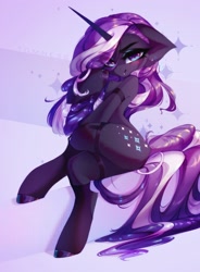 Size: 2192x2972 | Tagged: safe, artist:shenki, artist:tomness, imported from derpibooru, nightmare rarity, pony, unicorn, blushing, crossed legs, eye clipping through hair, female, floppy ears, high res, legwear, looking at you, mare, sitting, smiling, solo