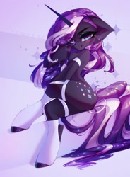 Size: 2192x2972 | Tagged: safe, alternate version, artist:shenki, artist:tomness, imported from derpibooru, nightmare rarity, pony, unicorn, blushing, chest fluff, clothes, crossed legs, eye clipping through hair, female, floppy ears, legwear, looking at you, mare, sexy, sitting, smiling, socks, solo, solo female, stupid sexy nightmare rarity, thigh highs