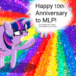 Size: 1080x1080 | Tagged: safe, artist:crossovercartoons, imported from derpibooru, twilight sparkle, alicorn, pony, 10, abstract background, anniversary, background, cute, digital art, digital drawing, drawing, happy birthday mlp:fim, misspelling, mlp fim's tenth anniversary, rainbow, solo, twilight sparkle (alicorn)