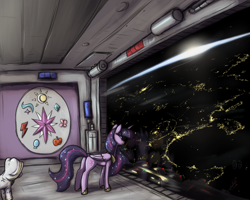 Size: 2500x2000 | Tagged: safe, artist:t72b, imported from derpibooru, twilight sparkle, alicorn, earth pony, pony, the last problem, city, cityscape, clothes, cutie mark, future, happy birthday mlp:fim, immortality blues, mlp fim's tenth anniversary, orbit, planet, princess twilight 2.0, robe, science fiction, space, spaceship, sunrise, twilight sparkle (alicorn)