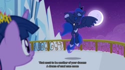 Size: 1280x720 | Tagged: safe, imported from derpibooru, screencap, princess luna, twilight sparkle, genesis, lyrics, mad man moon, moon, singing, song reference, text