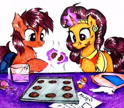 Size: 2588x2247 | Tagged: safe, artist:liaaqila, imported from derpibooru, saffron masala, oc, earth pony, pony, unicorn, baking, clothes, commission, cookie, duo, female, food, jeans, magic, mare, pants, smiling, telekinesis, traditional art