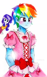 Size: 2010x3275 | Tagged: safe, artist:liaaqila, imported from derpibooru, rainbow dash, rarity, equestria girls, blushing, clothes, commission, crossdressing, dress, duo, embarrassed, equestria guys, female, male, rainbow blitz, rainbow blitz always dresses in style, rainbow dash always dresses in style, rule 63, traditional art, tsundere