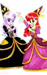 Size: 2322x3673 | Tagged: safe, artist:liaaqila, imported from derpibooru, apple bloom, diamond tiara, equestria girls, adorabloom, clothes, commission, cute, diamondbetes, dress, duo, eye clipping through hair, female, hat, microphone, smiling, traditional art