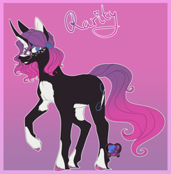 Size: 2007x2051 | Tagged: safe, artist:dark--drawz, imported from derpibooru, rarity, pony, unicorn, curved horn, female, horn, mare, purple background, redesign, signature, simple background, solo, unshorn fetlocks