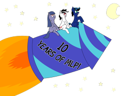 Size: 1402x1080 | Tagged: safe, artist:the luna fan, derpibooru exclusive, imported from derpibooru, oc, oc only, oc:cosmia nebula, oc:the luna fan, oc:white lie, pony, 10, discussion in the comments, fire, flying, happy birthday mlp:fim, mlp fim's tenth anniversary, moon, night, open mouth, rocket, simple background, sitting, smiling, transparent background, trio