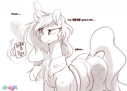 Size: 1857x1335 | Tagged: safe, artist:dragk, imported from derpibooru, princess celestia, alicorn, pony, anniversary, butt, clothes, cutie mark, happy birthday mlp:fim, mlp fim's tenth anniversary, monochrome, mug, plot, ponytail, sarcasm, solo, the ass was fat