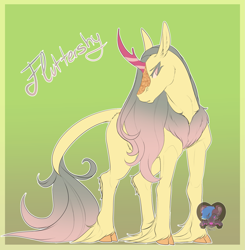 Size: 2007x2051 | Tagged: safe, artist:dark--drawz, imported from derpibooru, fluttershy, kirin, female, green background, kirin fluttershy, kirin-ified, mare, redesign, signature, simple background, solo, species swap