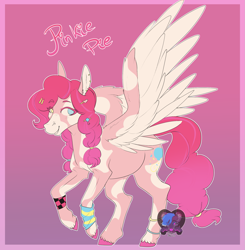 Size: 2007x2051 | Tagged: safe, artist:dark--drawz, imported from derpibooru, pinkie pie, pegasus, pony, female, mare, pink background, race swap, redesign, signature, simple background, smiling, solo, spread wings, wings