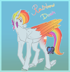 Size: 2007x2051 | Tagged: safe, artist:dark--drawz, imported from derpibooru, rainbow dash, pegasus, pony, blue background, colored wings, ear piercing, earring, feathered fetlocks, female, jewelry, mare, piercing, redesign, signature, simple background, smiling, solo, wings