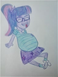 Size: 960x1280 | Tagged: source needed, safe, artist:dex stewart, imported from derpibooru, sci-twi, twilight sparkle, human, equestria girls, bashing, belly, big belly, eyes closed, female, glasses, post-vore, simple background, smiling, solo, stuffed, tongue out, traditional art, twipred, vore