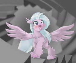 Size: 2166x1782 | Tagged: safe, artist:kurogewapony, imported from derpibooru, silverstream, hippogriff, blushing, cheek fluff, cute, diastreamies, female, filly, happy, looking up, open mouth, smiling, solo, spread wings, stairs, starry eyes, that hippogriff sure does love stairs, wingding eyes, wings