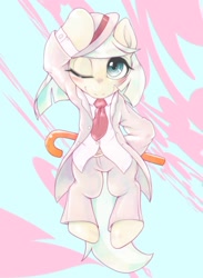 Size: 1639x2233 | Tagged: safe, artist:kurogewapony, imported from derpibooru, coco pommel, earth pony, pony, bipedal, blushing, cane, clothes, female, looking at you, mare, one eye closed, outfit, smilining, solo