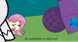Size: 1591x872 | Tagged: safe, edit, edited screencap, imported from derpibooru, screencap, fluttershy, rarity, pegasus, pony, my little pony: pony life, spoiler:pony life s01e43, cute, g4.5, micro, microphone, offscreen character, shrunk, shyabetes, smol, solo focus, the rarity report