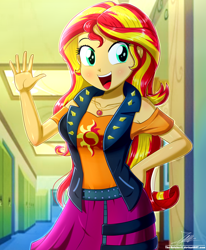Size: 1784x2163 | Tagged: safe, artist:the-butch-x, imported from derpibooru, sunset shimmer, equestria girls, equestria girls series, breasts, busty sunset shimmer, clothes, cute, cutie mark, cutie mark on clothes, female, geode of empathy, jacket, jewelry, leather, leather jacket, looking at you, magical geodes, necklace, open mouth, redraw, rework, shimmerbetes, signature, skirt, solo, waving, waving at you