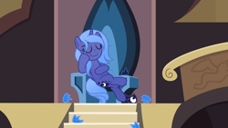 Size: 6452x3629 | Tagged: safe, artist:inaactive, artist:pumpkinpieforlife, edit, editor:slayerbvc, imported from derpibooru, princess luna, alicorn, pony, accessory-less edit, barehoof, castle of the royal pony sisters, crossed legs, crown, discarded clothing, female, hoof shoes, jewelry, missing accessory, peytral, regalia, s1 luna, sitting, solo, throne, undressed
